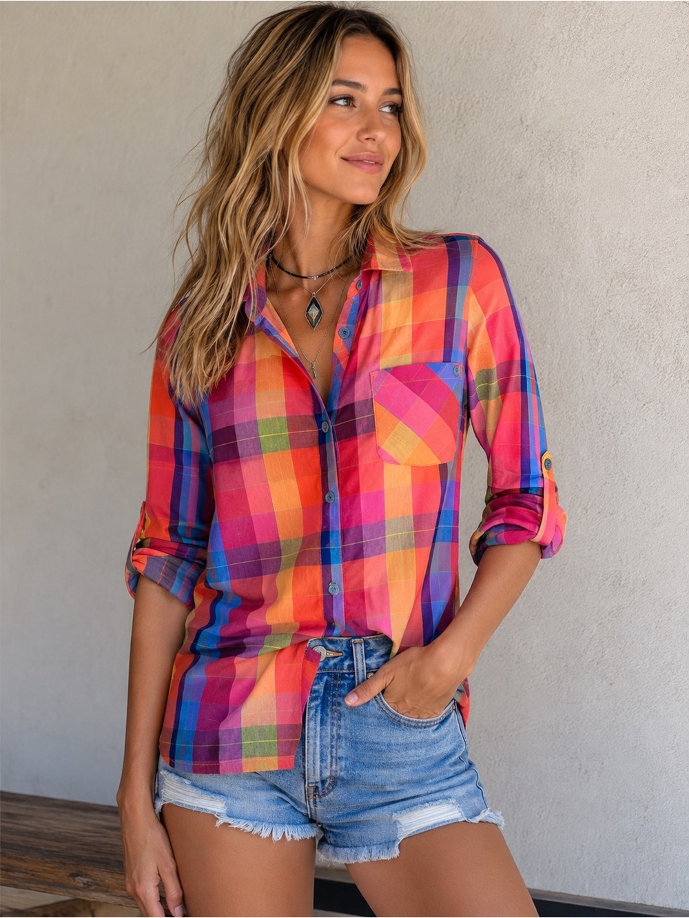 Y2K Volcom Tu Madre LS Button-Down Plaid Shirt. Roll Tab Sleeves Size Small